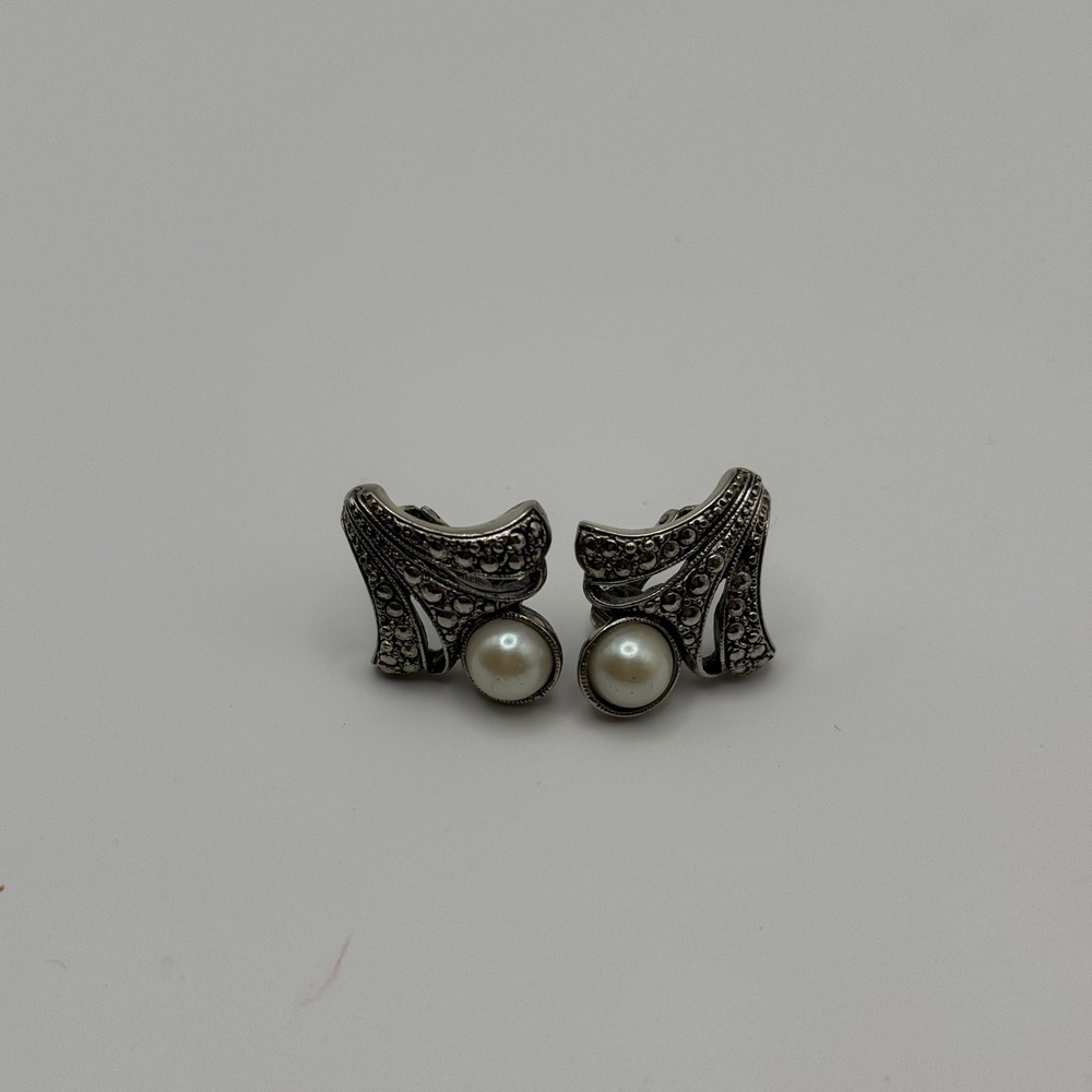 Vintage Art Deco Style Marcasite Faux Pearl Clip On Earrings Gunmetal Tone Fan